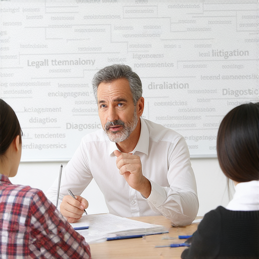 外籍老師一對一教學場景，學生專心學習英文法律用詞，重點在訴訟和診斷術語，促進有效學習和快速掌握專業知識。