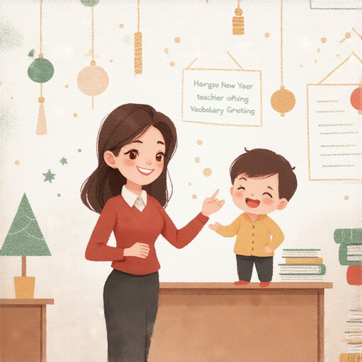 新年新氣象的主題圖片，展示外籍老師一對一教學的場景，學生與老師互動學習最新英文單字及祝福，營造積極學習氛圍，傳遞語言學習的樂趣與新年祝福。