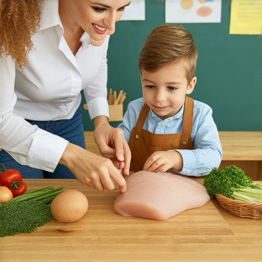 外籍老師與學生進行一對一英語學習，桌上擺放著雞胸肉食材，學習內容涵蓋離地工作相關詞彙，強調實用英語的深入探索。