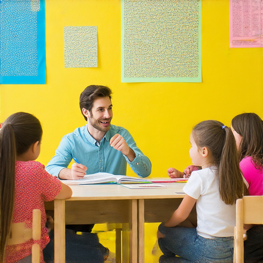 挑戰英語能力的學習場景，外籍老師與學生互動，展示輕鬆克服語言難度的氛圍，傳遞抓住學習機會的重要性，提升英語流利度的課堂環境。