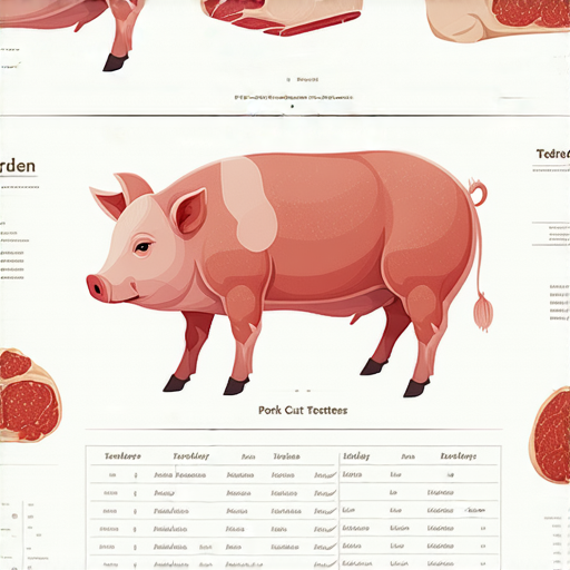 豬肉各部位的英文名稱學習圖示，包含里脊肉、五花肉、豬腳等部位，適合外籍老師使用，幫助學習者輕鬆掌握豬肉部位名稱。