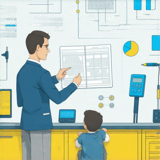 一對一外籍老師指導學生學習電力相關英語，學生專注聆聽，教材上有電力圖示，背景顯示電源設備，探索電力世界的學習情境。