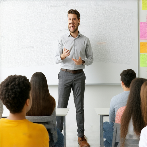 一名外籍老師正在教授學生英語溝通技巧，課程包含英文簡報、簽名與粗口，學生專注聆聽，學習一對一互動教學方法，促進語言能力提升。