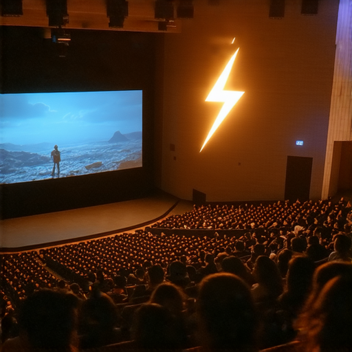 電影院內部場景，屏幕播放電影，觀眾專注觀看，一旁有電流符號代表科技與電影的聯繫，宣傳外籍老師一對一教英文，鼓勵探索學習之旅。