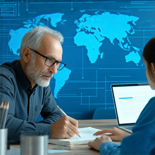 資深外籍老師進行一對一英文教學，學生專注學習，桌上有筆記本和電腦，背景中顯示科技元素，探索資訊工程的神秘面紗，提升語言資產。