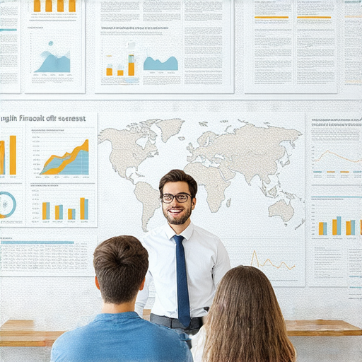 揭開資金流向秘密的英語財經術語課程，外籍老師授課，立即報名體驗，提升財經英語能力，適合有興趣學習的學員，圖中顯示財經相關資料與教學場景。