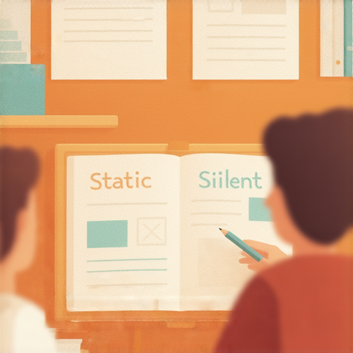 一位外籍英文老師與學生進行一對一教學，專注於靜態與靜音英文，旨在提升學生對話流暢度，背景為教學現場，教材顯示相關內容。