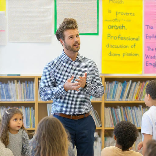 一位外籍老師在教室中授課，背景是英文諺語和專業議論的書籍，學生們專心聆聽，展現出探索英文智慧的學習熱情。