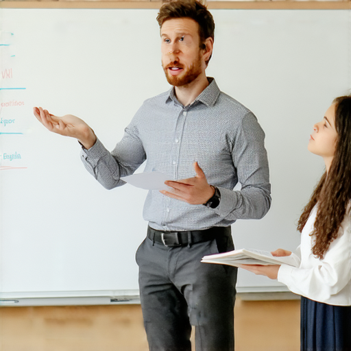 一位外籍老師正在進行一對一教學，教學生如何用英文贏得競賽與贊助商的青睞，畫面表現出師生互動，教室環境專業且鼓舞人心。