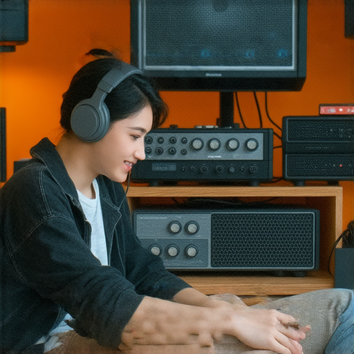 一位外籍英文老師與學員一對一互動，學習音響專業術語，背景為音響設備，展現探索音響魅力的環境，提供輕鬆體驗和專業知識。