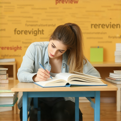 一位外籍老師與學生進行一對一英語教學，桌上擺放著書籍與筆記，背景顯示預習、預訂、預見等字樣，強調探索英語世界的奧秘與學習機會。