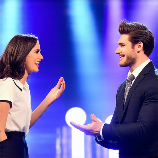 頒獎典禮中，外籍老師與頑皮嘉賓互動，分享學習英語的秘訣，氣氛輕鬆愉快，舞臺上閃爍的燈光映襯著教師的教學魅力。