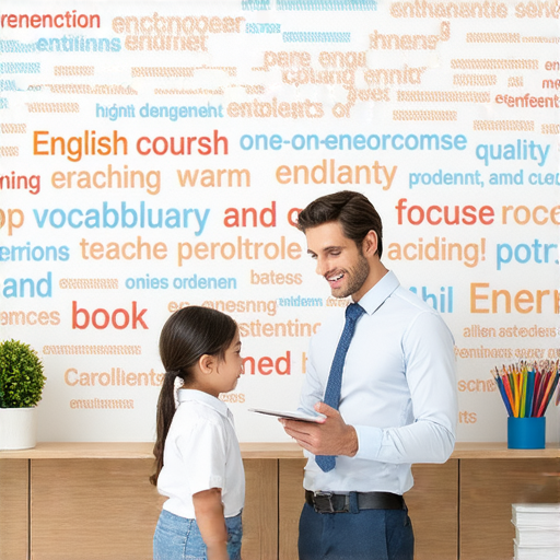 外籍英文老師與學生在課堂上互動，強調一對一教學的效果，背景顯示英文單字和學習教材，彰顯學習英文的魅力，鼓勵報名課程跳出語言障礙。