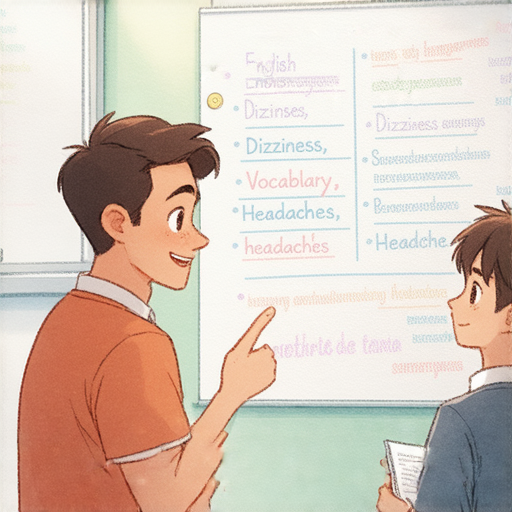 從頭到腳學英文，外籍老師與學員一對一互動，教授頭暈、頭痛及其他專業英文詞彙，提升學習效果，展現積極學習氛圍。