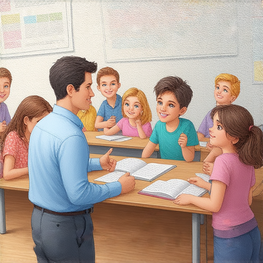 探索英語顏色世界的圖片，展現外籍老師帶領學生流暢對話的學習場景，透過顏射到願意的主題，激發學習興趣和互動交流，提升英語能力和表達自信。