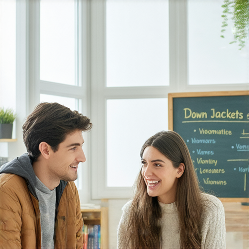 學生與外籍老師進行一對一的英文學習，討論羽絨外套及相關習慣用語，專注於提升英文口語能力，享受輕鬆學習的氛圍。