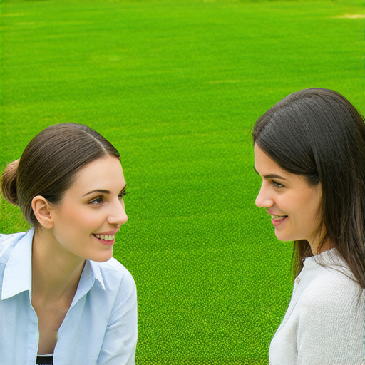 外籍英文老師與學生一對一學習，探討草地與草坪的專業用語，背景顯示草坪的圖片，呈現生動的學習過程，促進語言學習和草地知識的結合。