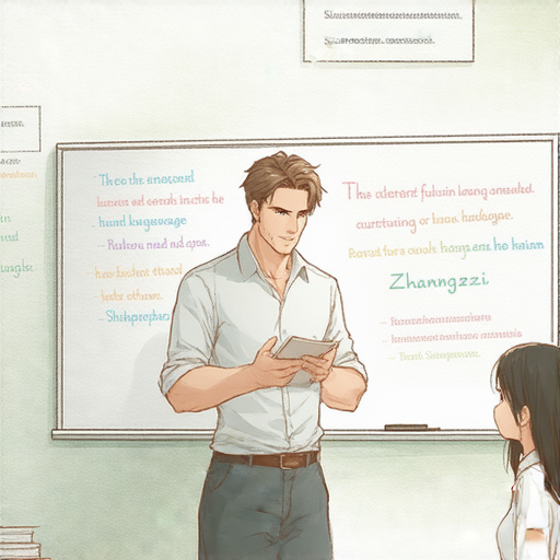 一位外籍老師在教室內與學生進行一對一英語教學，背景牆上繪有莎士比亞名言及莊子智慧的文本，彰顯學習英語與文化的結合。