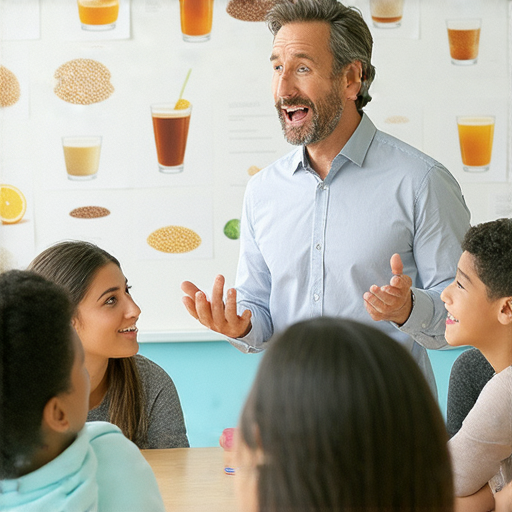 外籍英文老師與學生探討飲料與飲食文化的互動場景，學習提升英文魅力，探索飲的奧秘，促進語言與文化的交流。