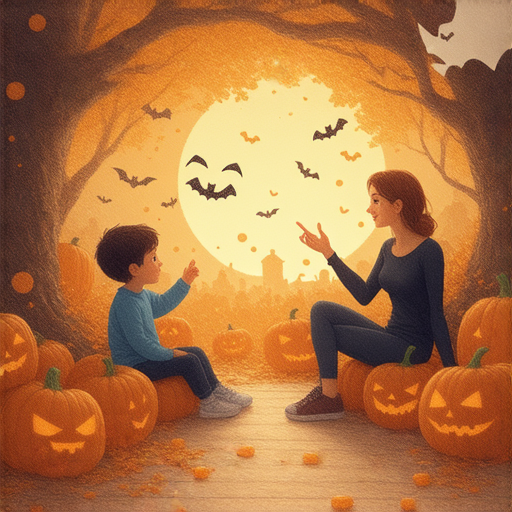 萬聖節主題的英語課程，外籍老師一對一教學，學生自在學習流利表達，背景裝飾有南瓜、鬼怪和萬聖節糖果，營造歡樂學習氛圍。