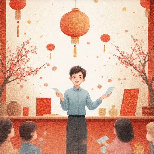 農曆新年慶祝活動的圖片，外籍老師介紹傳統習俗，學生們互動學習，展示紅包、春聯和年夜飯等元素，與農曆新年相關的文化教育場景。