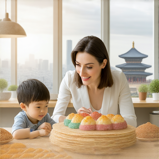 跟外籍老師學習英文場景，學生與老師一對一互動，桌上有饺子和饼，背景展示首尔地標，呈現文化交流與語言學習的結合。