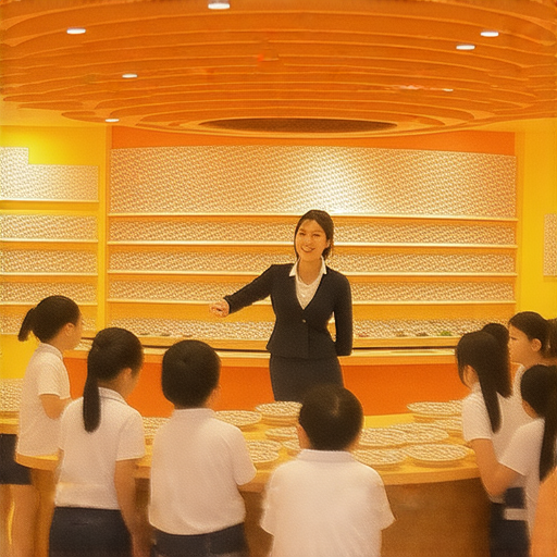 外籍老師在迴轉壽司店內與學生互動，教學場景展示多元文化交流，探索美食與英語學習的結合，讓學習旅程更添樂趣，吸引學員共同體驗。