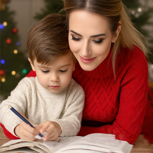 聖誕主題圖片展示外籍老師與學生一對一互動學習英文詞彙，背景為聖誕飾品和燈飾，吸引人報名參加探索聖誕魔法的活動，增進語言能力。