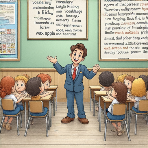 探索英語的奧秘圖片，展示外籍老師與學生互動學習，每個詞彙從蓋子到蓮霧都有生動示例，旨在幫助學習者掌握英語詞彙的樂趣和知識。