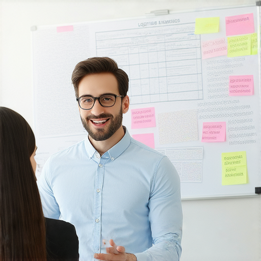 一位外籍教師正與學生進行一對一的英文教學，專注於物流相關專業術語如送貨和簽收，背景有物流相關的圖表和詞彙。