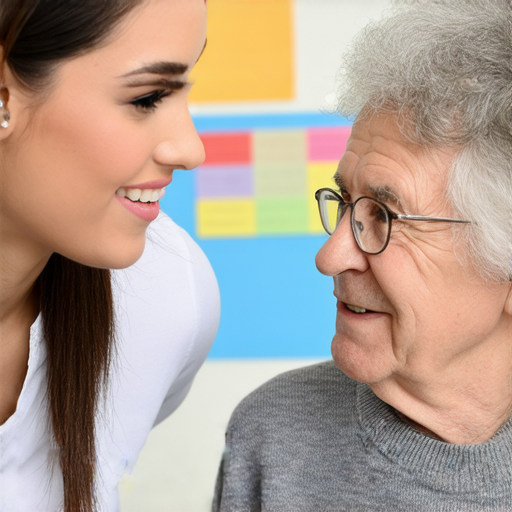 圖片展示一位外籍老師與學生面對面交流，學生專注學習聽障或聽筒英文，提升溝通能力，背景有學習材料，強調個別指導和聽力技巧的重要性。