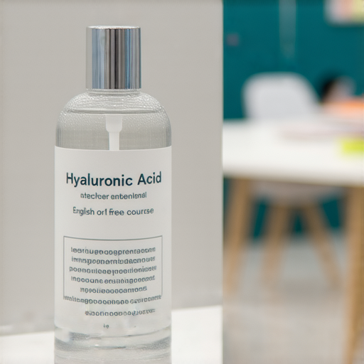 透明質酸產品展示，外籍老師指導學生，提升英語能力，一對一學習環境，體驗免費課程的邀請，強調學習效果和專業性。