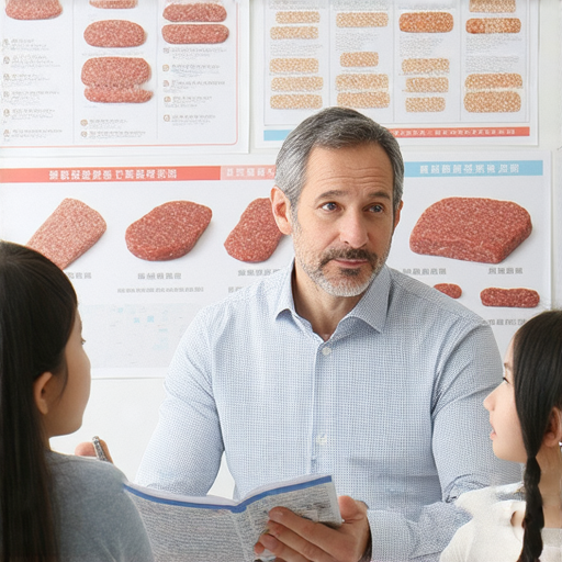 一對一外籍老師指導學生學習肉類英文，展現學習過程中的互動與專注，探索不同肉類名稱和用途，提升英語能力，揭開肉類英文的奧秘。