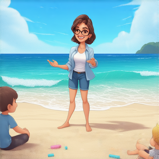 外籍老師在海灘授課，學生一對一互動學習英語，沙灘景色優美，享受海灘式學習的樂趣，提升英語能力的愉快氛圍。