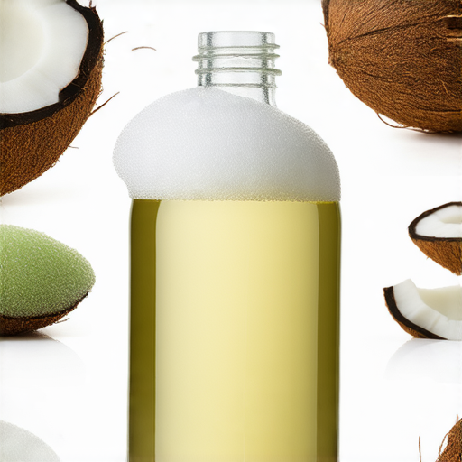 椰子油起泡劑的多重用途展示，畫面中包含椰子油瓶、起泡劑及其在護膚和清潔產品中的應用，強調其天然成分和環保特性，吸引學習英文者了解椰子油的好處。