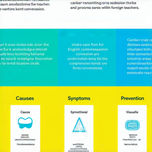 牙瘡的相關資訊圖解，展示牙瘡形成原因、症狀及防治方法，及學習英文與外籍老師對話的技巧，幫助讀者理解牙瘡護理知識。