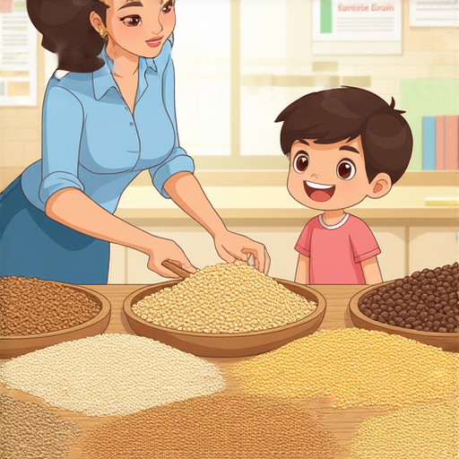 外籍老師一對一教學中，學生學習粗糧的知識，桌上擺放著各種粗糧，背景是教室環境，展現學習地道英文的精采旅程，提升語言能力。