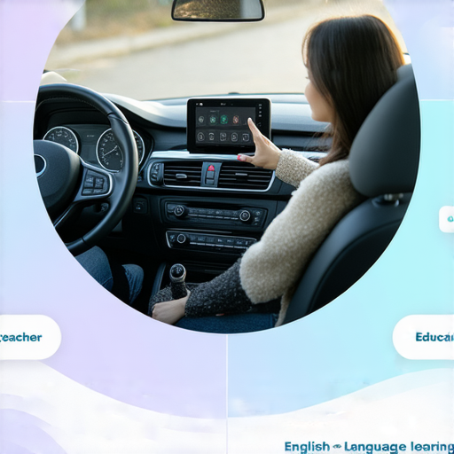 私家車英語學習新視野的場景，一位外籍老師與學生一對一進行駕駛對話，激發學生的語言能力和自信心，創造積極學習氛圍。