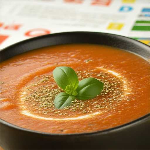 美味的番茄薯仔湯盛在碗中，湯面上漂浮著新鮮香草，背景有英文字母與學習相關的教材，用於學英文的主題，完美結合美食與語言學習的概念。