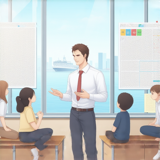 外籍老師在教室內指導學生學習渡輪英文，學生專注聆聽，課程環境輕鬆愉快，體驗一對一教學，開啟語言學習之旅，提升英語溝通能力。