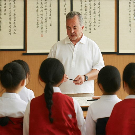 毛筆書法課堂中外籍老師指導學生書寫，展示一對一學習方式，提高英文理解，學生專注於毛筆技巧的練習與應用，展現中西文化交流的過程。