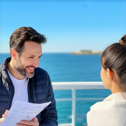 外籍英文老師與學生在渡輪上進行一對一英語教學，學生專心聆聽，老師耐心講解，營造輕鬆學習氛圍，促進流利的英文溝通技巧。