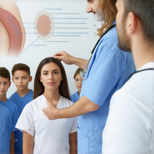 醫療專家在講解椎間盤突出病因，外籍老師教授英語，學生專注學習，強調提升醫療知識的重要性，學習英文助於理解醫學概念。