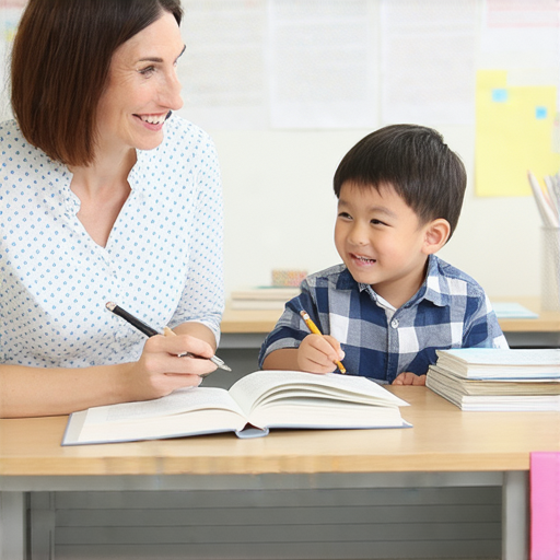 無私分享的場景，外籍老師與學生一對一練習英文，展現友好互動，學習氛圍輕鬆愉快，幫助學生開啟流利英語之旅。