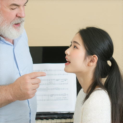 掌握美聲唱法的奧秘，與外籍英文老師一對一學習的畫面，學生專注學習，老師指導，強調語音及發音技巧，提升唱歌能力，加強音樂表現。