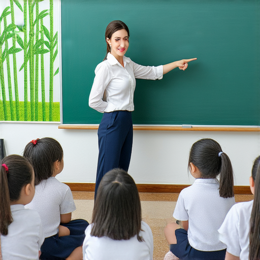 外籍老師在教室中教導學生學習英語，背景有甘蔗圖案，教師指向黑板，傳遞學習的熱情與互動，彰顯「甘蔗的秘密」主題，吸引學生探索英語學習的樂趣。