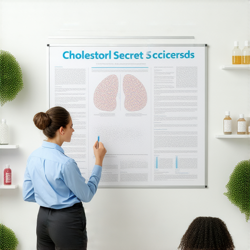 一位專業英語教師正在進行一對一教學，海報上展示了膽固醇相關內容，背景有藥物和學習工具，強調膽固醇的秘密與英語學習的結合。