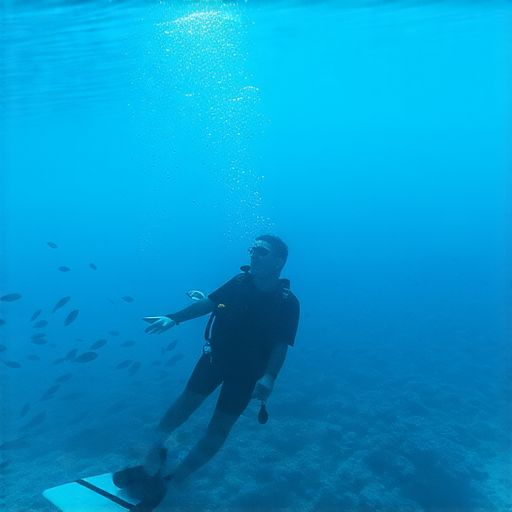 潛水冒險的參與者在水中探索游泳水泡，外籍英文老師一對一教學中激勵學生勇敢面對挑戰，提升英語能力，開啟新世界的大門。