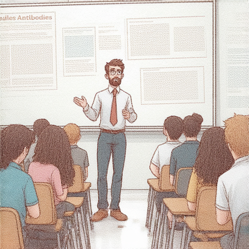 麻疹抗體的圖示，展示專業外籍老師在英文課程中解釋麻疹抗體的重要性及影響，吸引學生深入了解疾病預防與免疫知識的關鍵性。