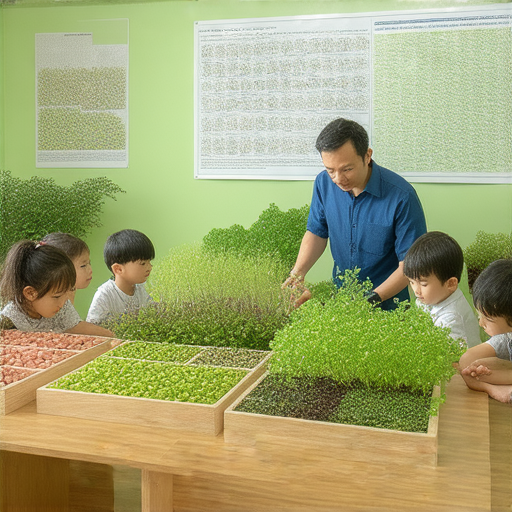 外籍老師帶領學生探索植物與肉類的奧秘，學生在課堂中學習，旁邊放置各種植物標本與肉類樣本，創造互動學習環境，增進英文能力。